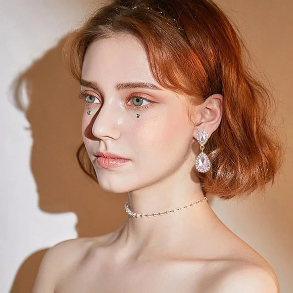 ❤️Women Pink Vintage Dangle Earrings Sparkle Crystal Bridal  Drop Formal Prom - Picture 5 of 7